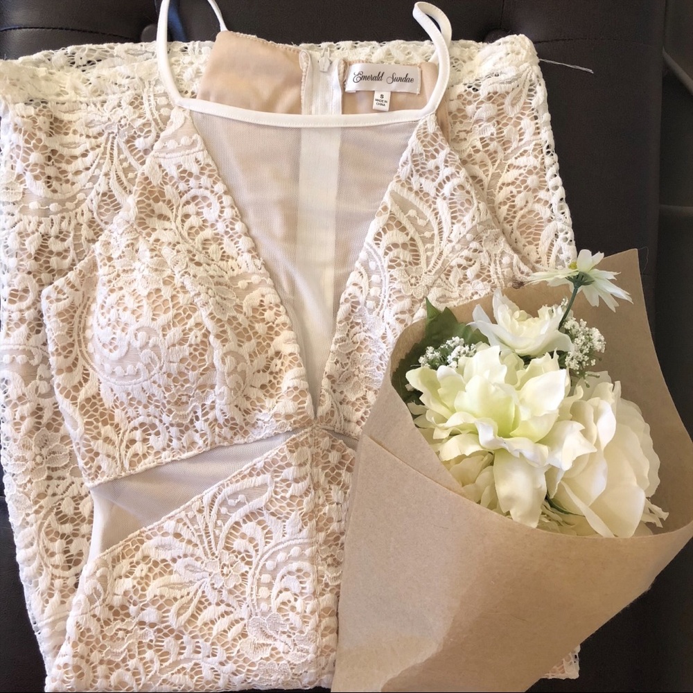 White & Nude w Mesh Cut Outs Crochet Dress